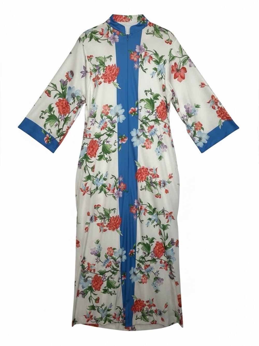 EVELYN PEARSON Vintage Kaftan House Dress White Floral Zip Front Size Medium